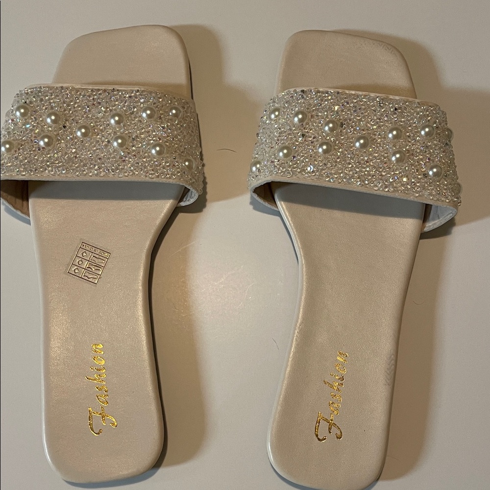 Pearl Embellished Cream Slide Sandals